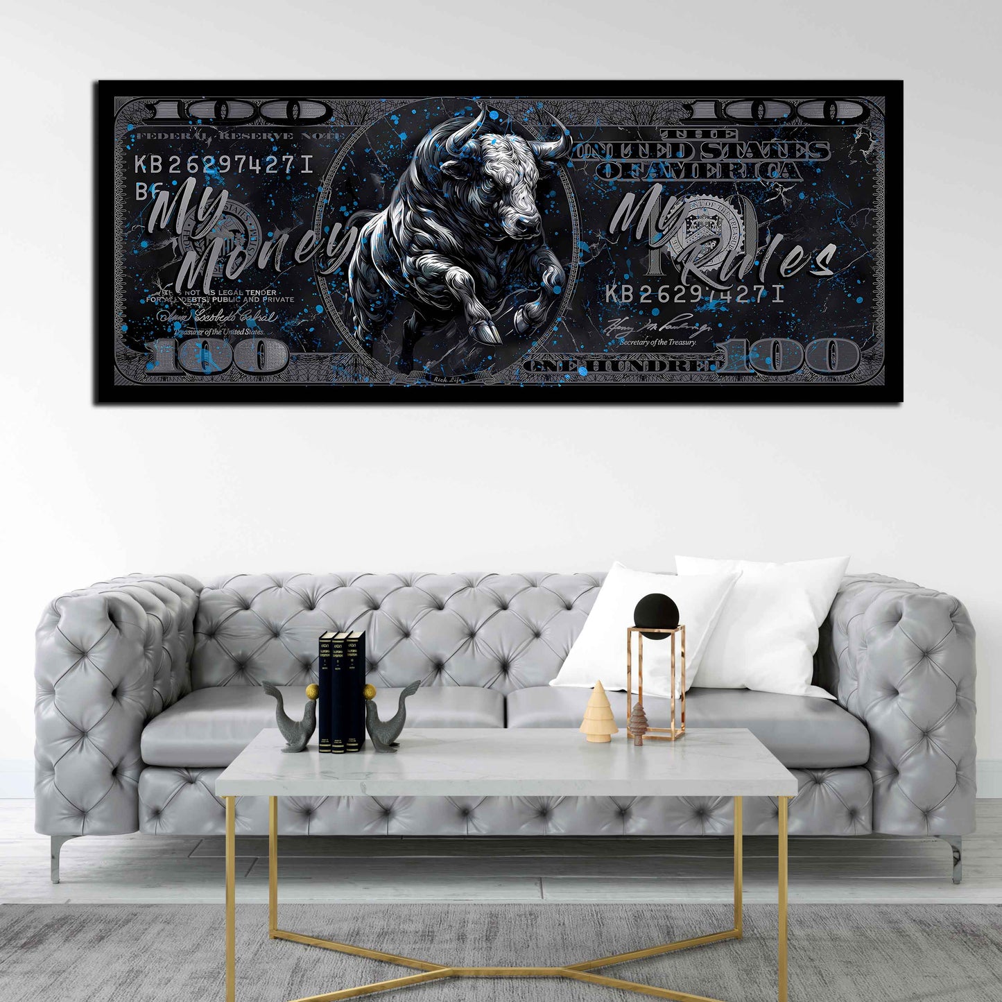 Pop Art Silber Bull auf Dollar Schein Street Art Design Wandbild Kunstwerk