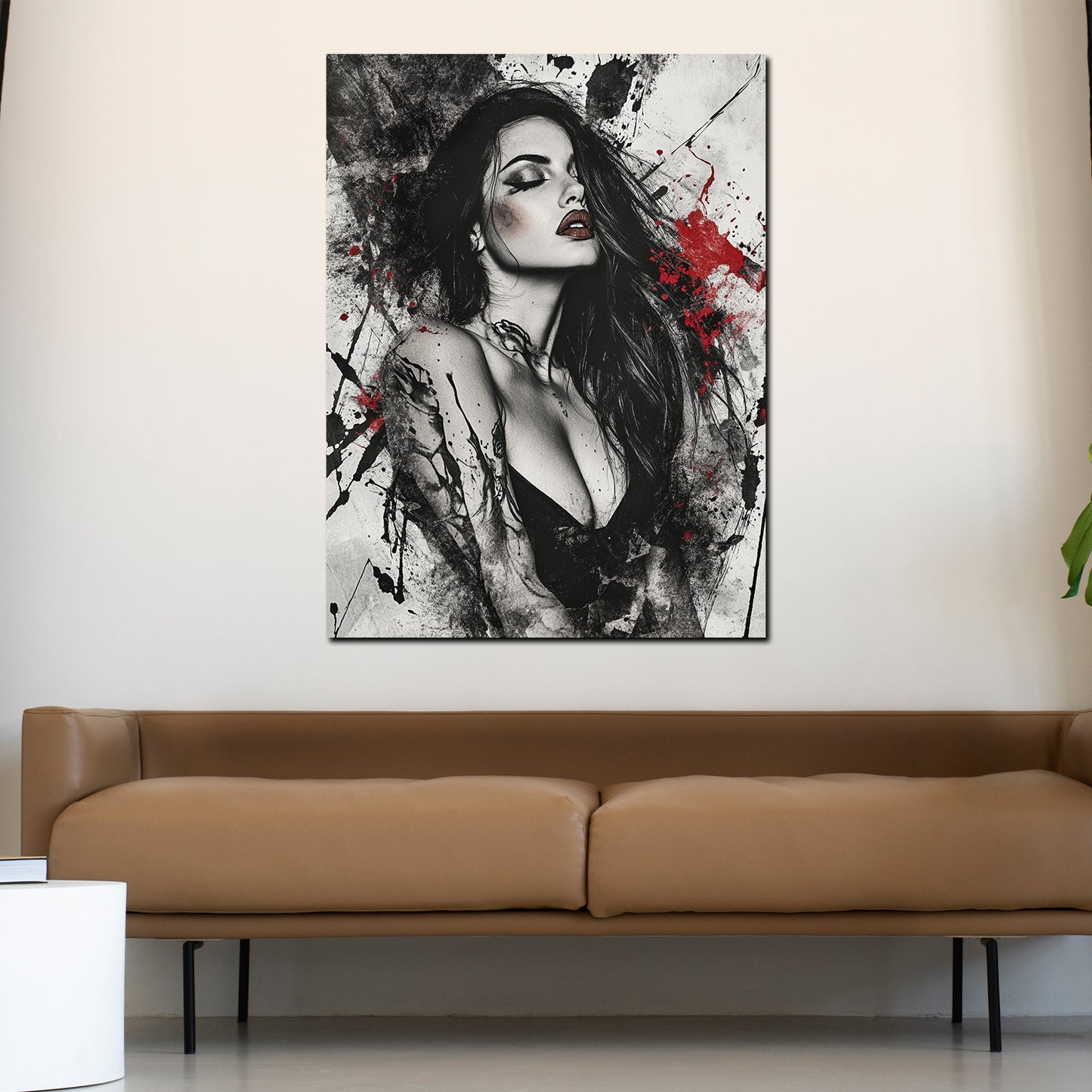 Wandbild Kunstwerk sinnliche Frau schwarz weiß modern mit Farbtupfern
