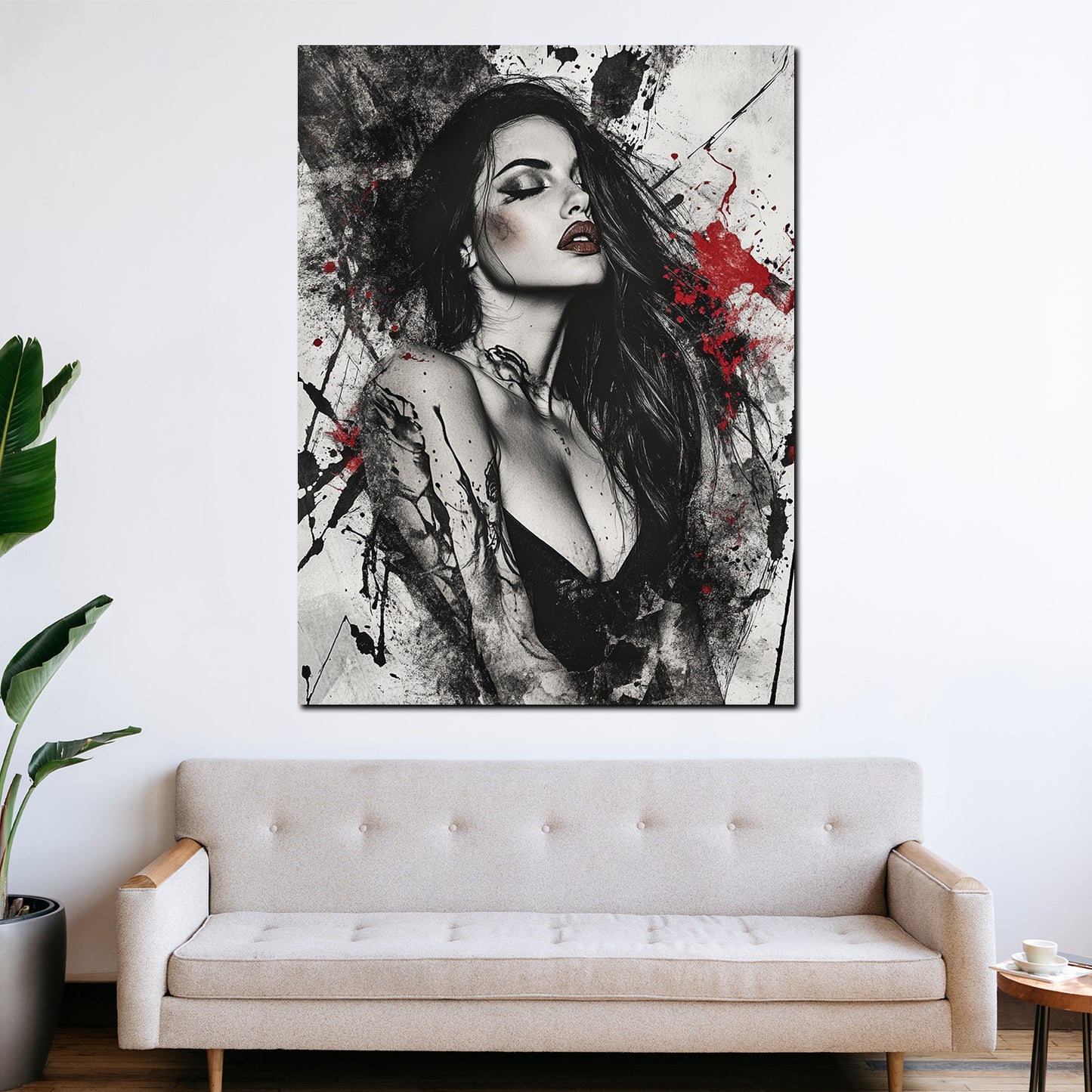 Wandbild Kunstwerk sinnliche Frau schwarz weiß modern mit Farbtupfern