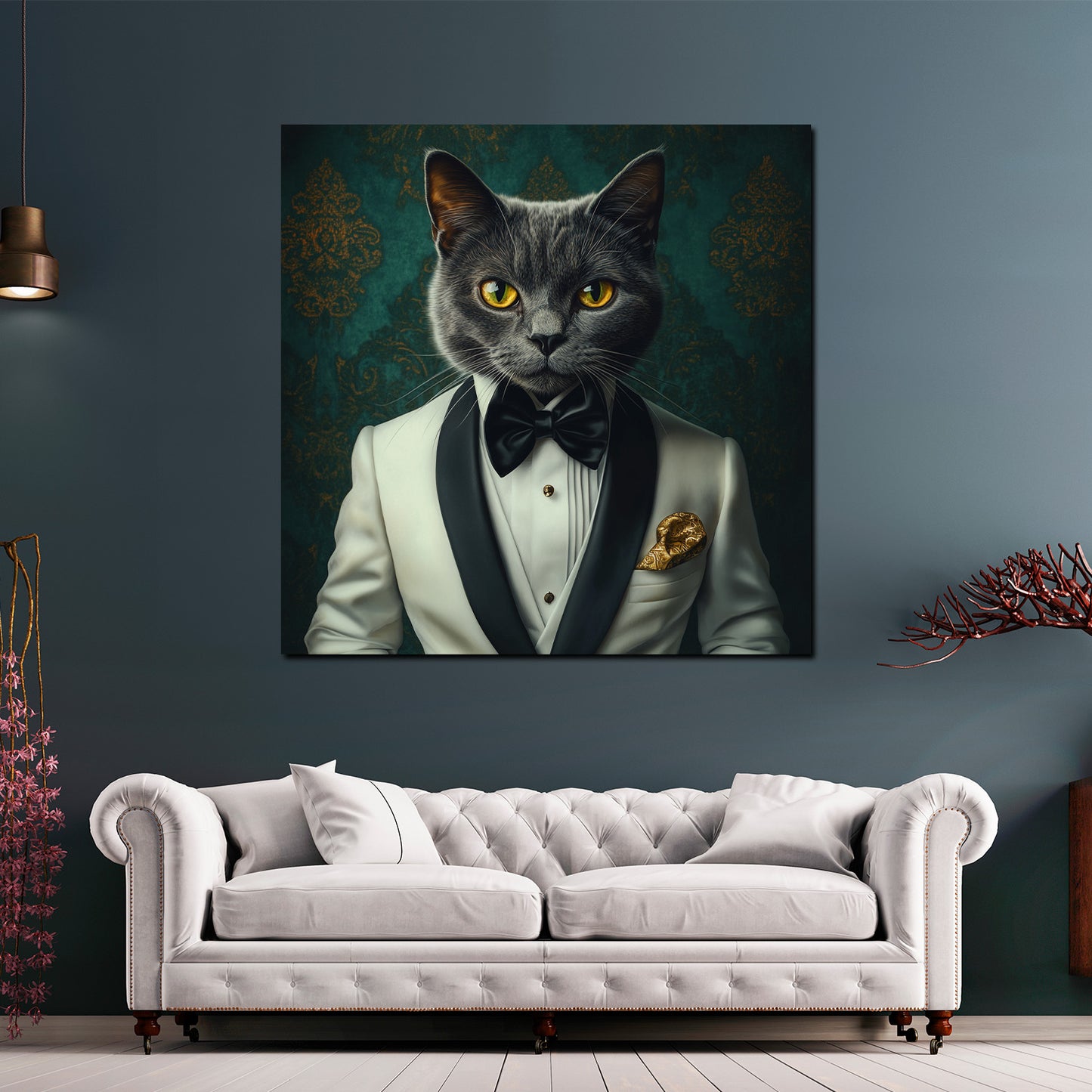 Wandbild Kunstwerk stilvolle Katze im weißen Anzug Eleganz modern