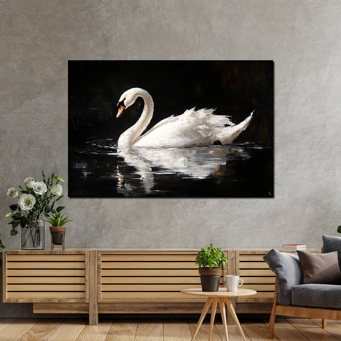 Wandbild Kunstwerk weißer Schwan auf dem Wasser Spiegelbild Naturstil modern