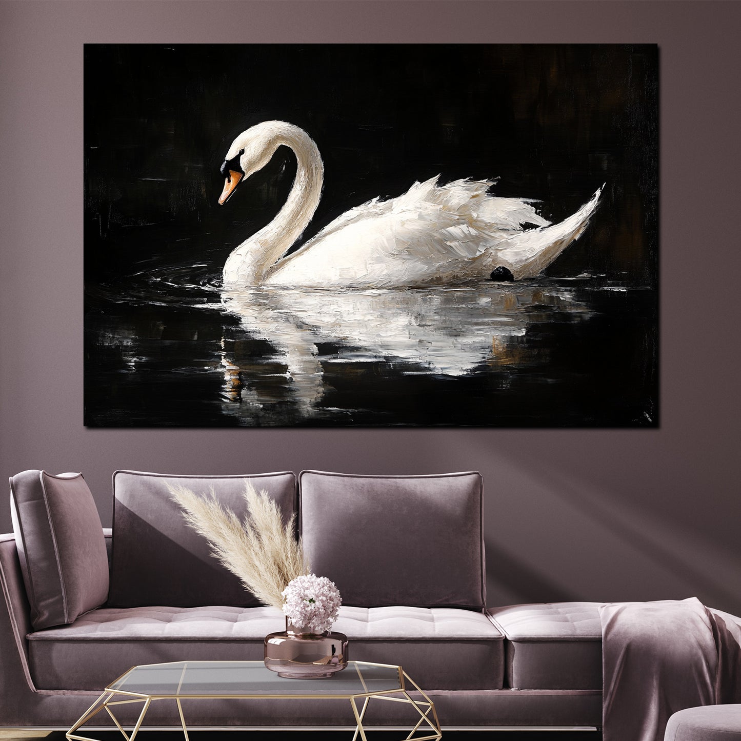 Wandbild Kunstwerk weißer Schwan auf dem Wasser Spiegelbild Naturstil modern