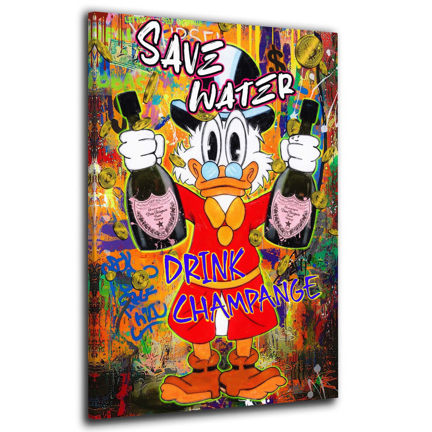Wandbild Pop Art Duck Save Water Champagner Geld Erfolg