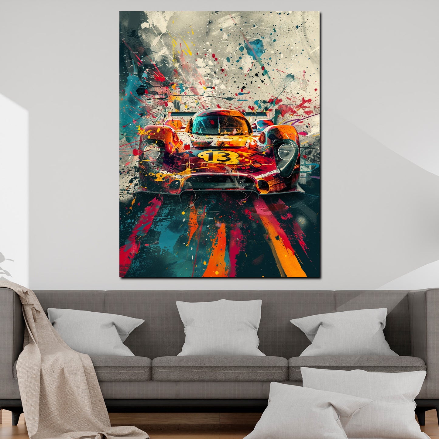 Rennwagen Pop Art mit Farbeffekten abstrakt Wandbild Kunstwerk