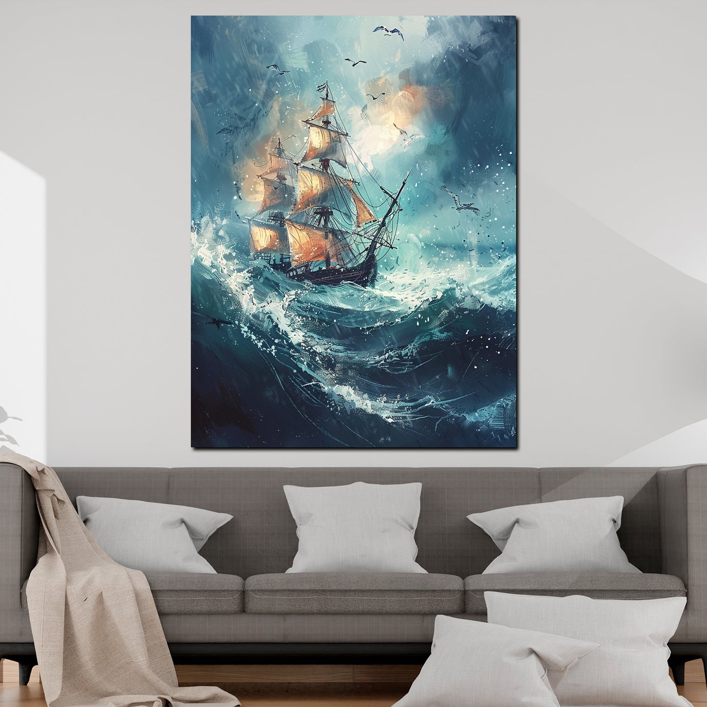 Wandbild Segelschiff im Sturm mit Möwen
