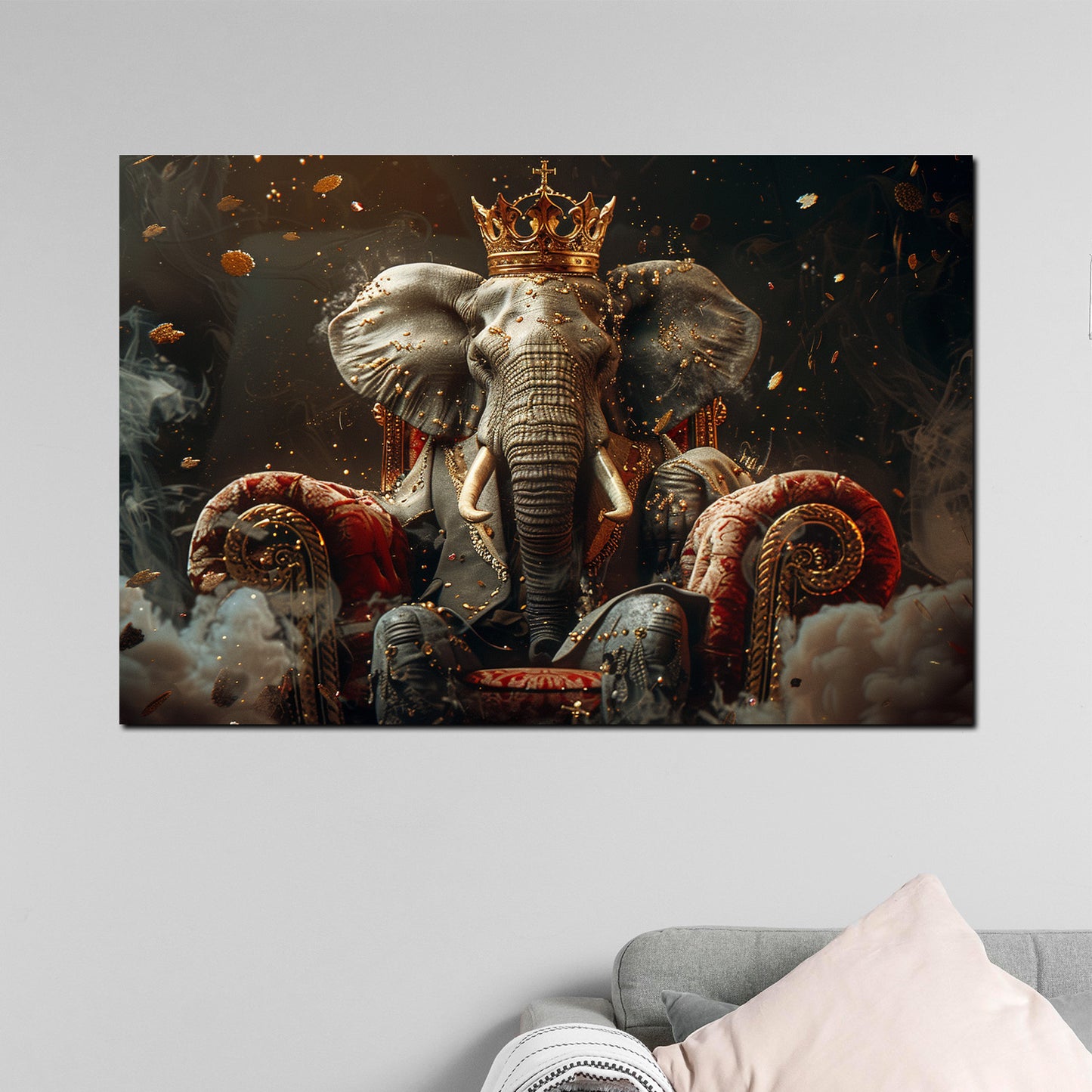 Wandbild majestätischer Elefant mit Anzug und Krone auf königlichem Thron