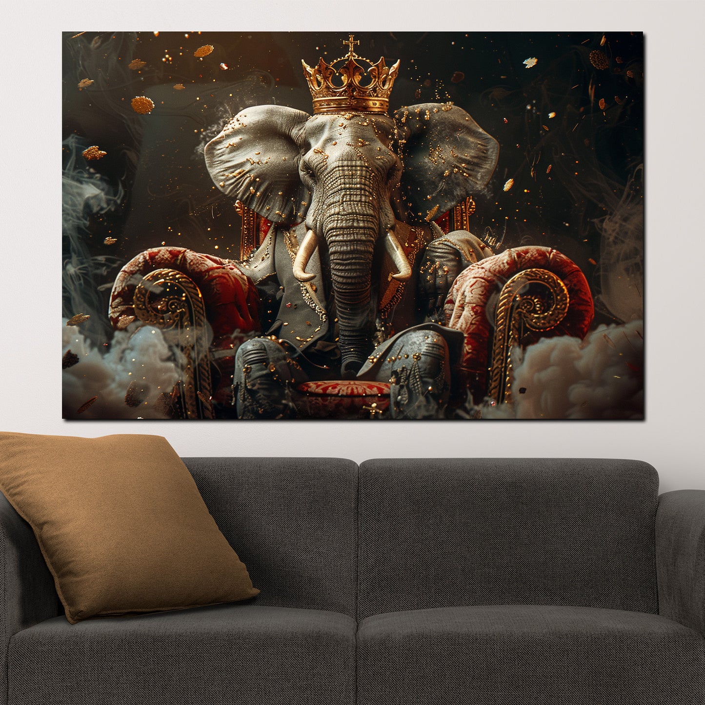 Wandbild majestätischer Elefant mit Anzug und Krone auf königlichem Thron