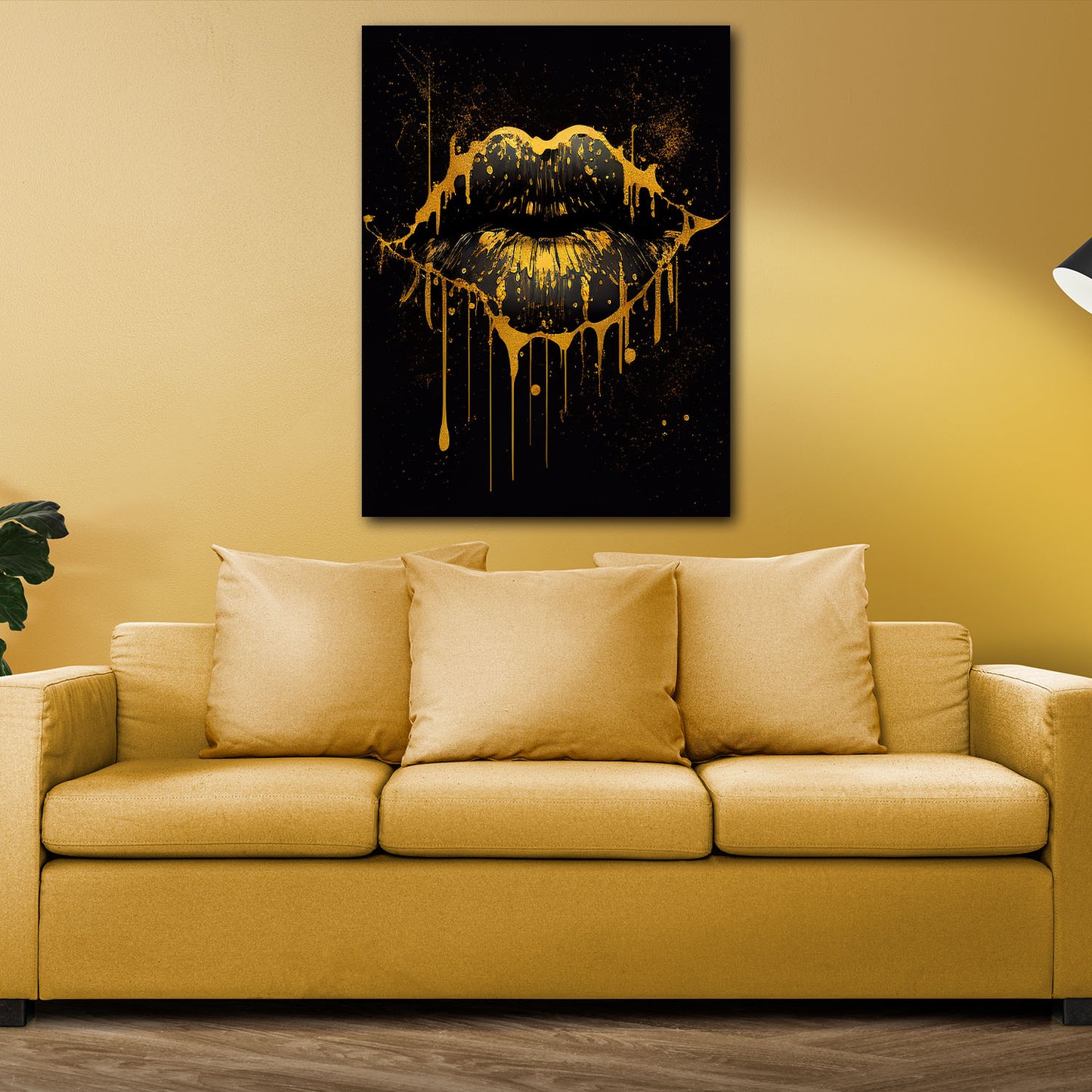 Wandbild Kunstwerk Abstract Golden Lips, Pop Art
