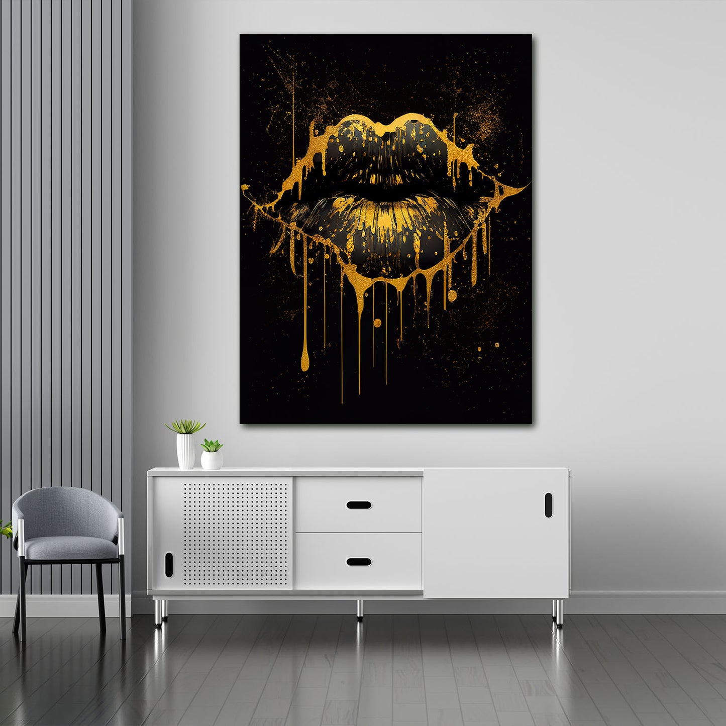Wandbild Kunstwerk Abstract Golden Lips, Pop Art