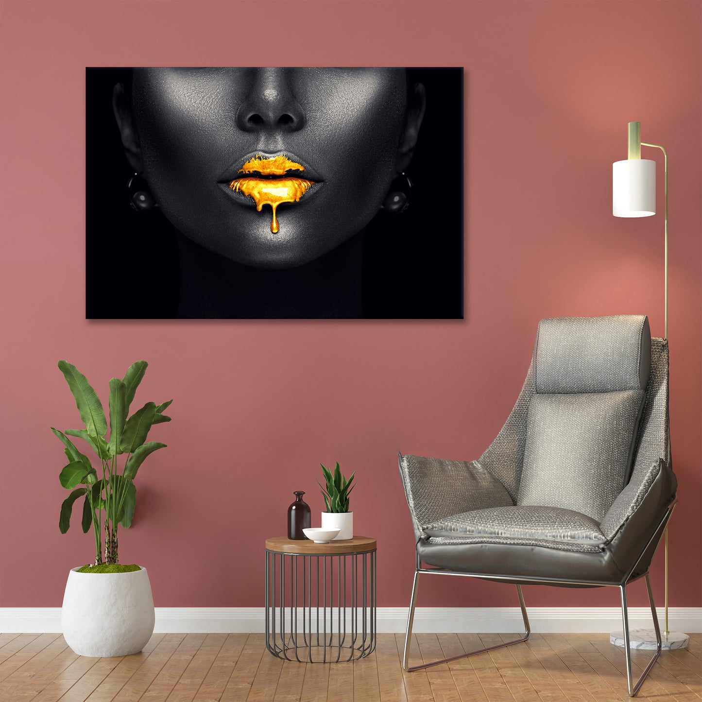 Lippen Gesicht Gold Lips Wandbild Kunstwerk