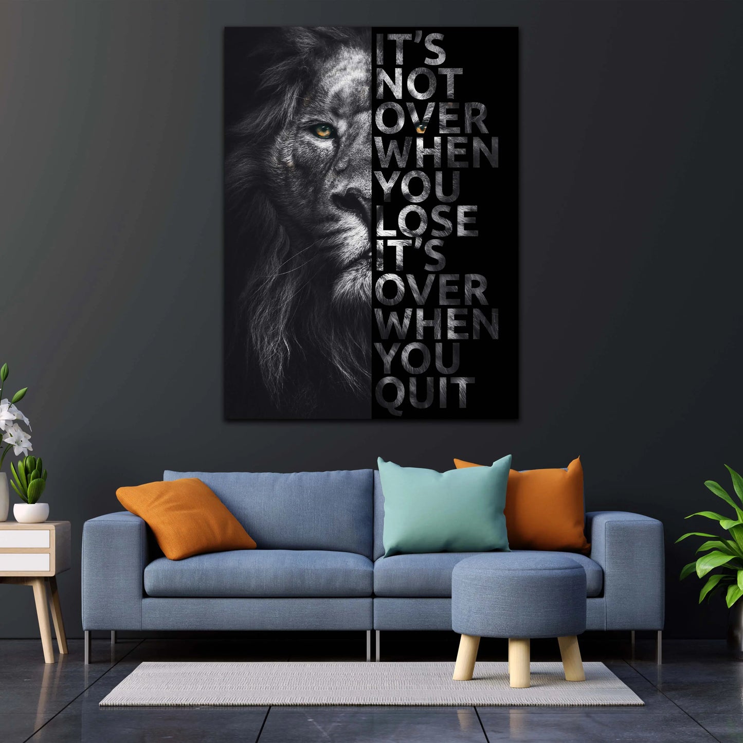 Löwe It Is Not Over When You Lose, schwarz weiß, Motivation Wandbild Kunstwerk