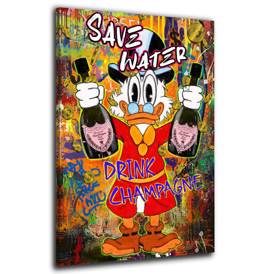 Pop Art Duck Save Water Champagner Geld Erfolg Wandbild Kunstwerk
