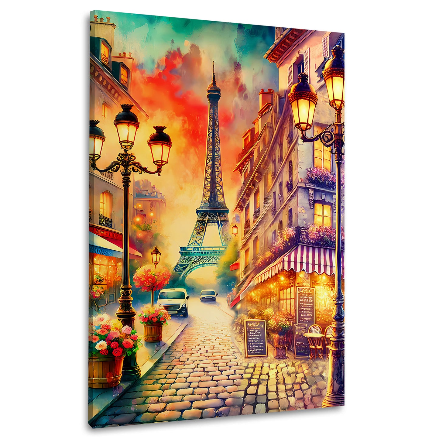Wandbild Kunstwerk Altstadt Paris Szene mit Eiffelturm und Café
