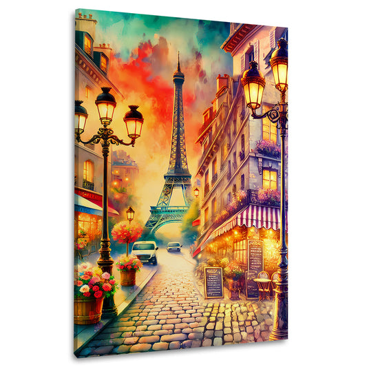 Wandbild Kunstwerk Altstadt Paris Szene mit Eiffelturm und Café