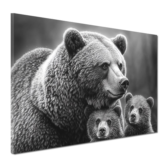 Wandbild Kunstwerk Bärenmutter mit Jungtieren schwarz weiß