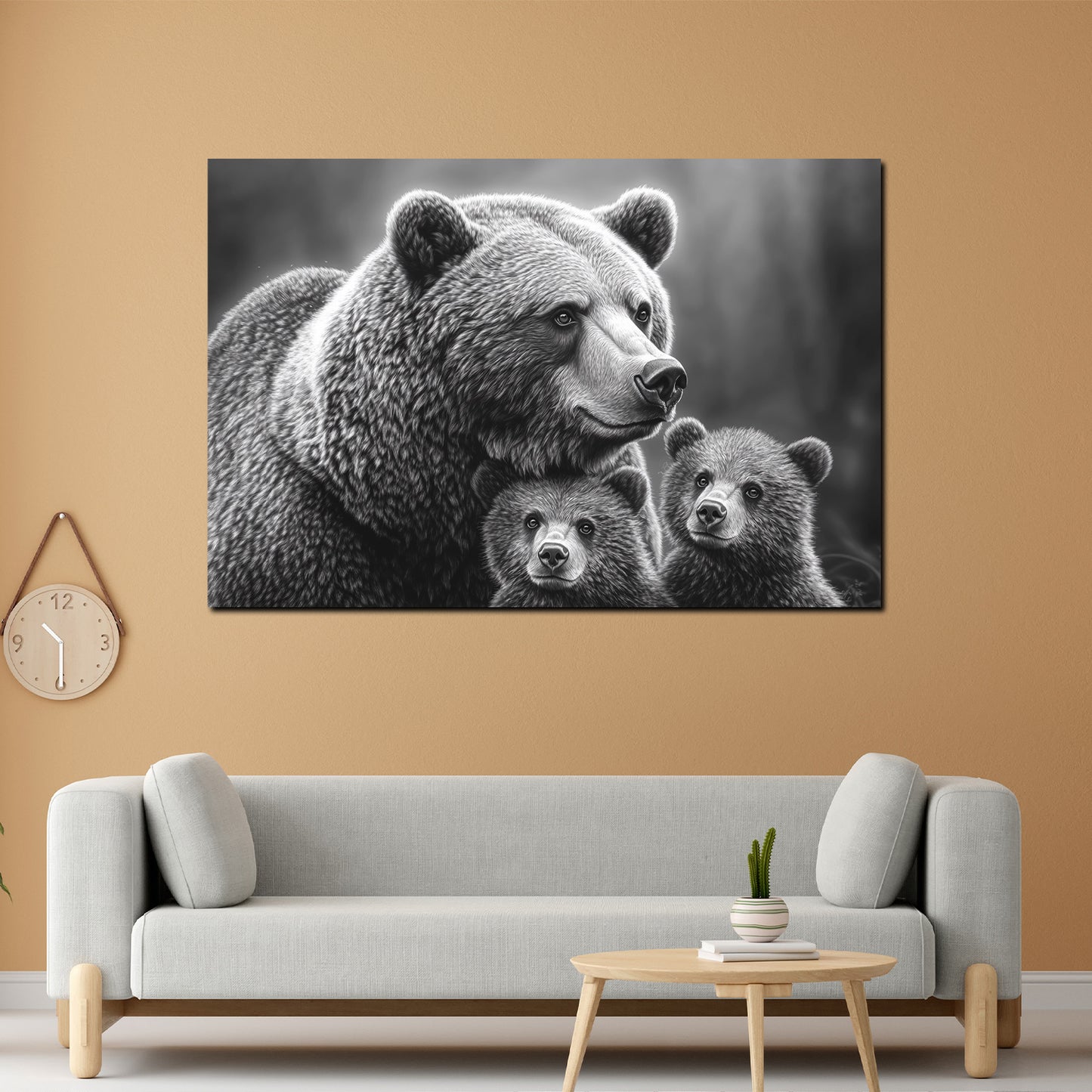 Wandbild Kunstwerk Bärenmutter mit Jungtieren schwarz weiß