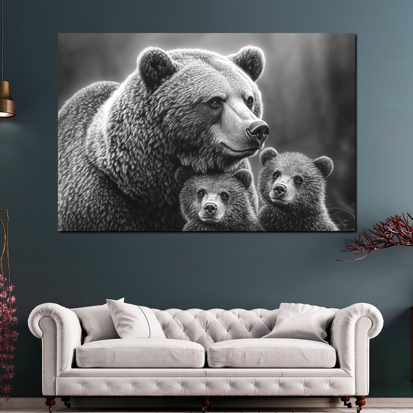 Wandbild Kunstwerk Bärenmutter mit Jungtieren schwarz weiß