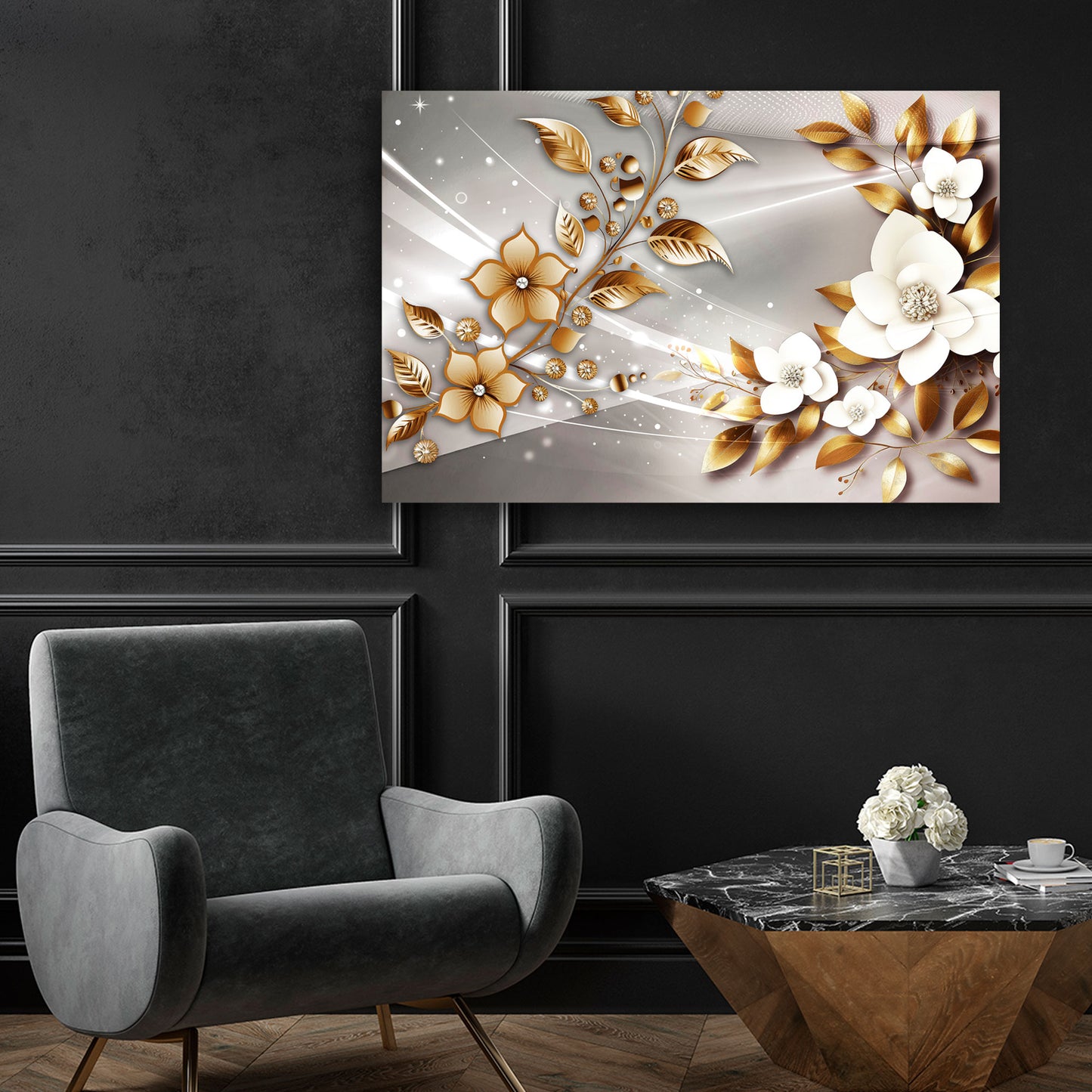 Blumen Gold Style Wandbild Kunstwerk