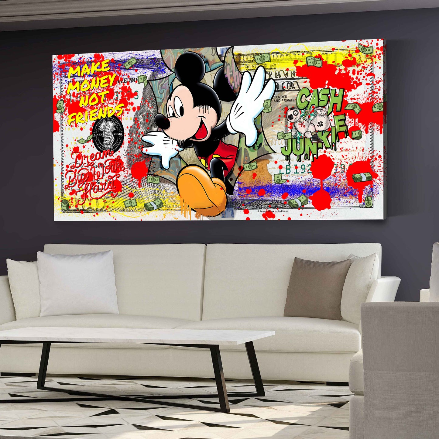 Wandbild Kunstwerk Comic Mickey Style auf Dollarschein Motivation