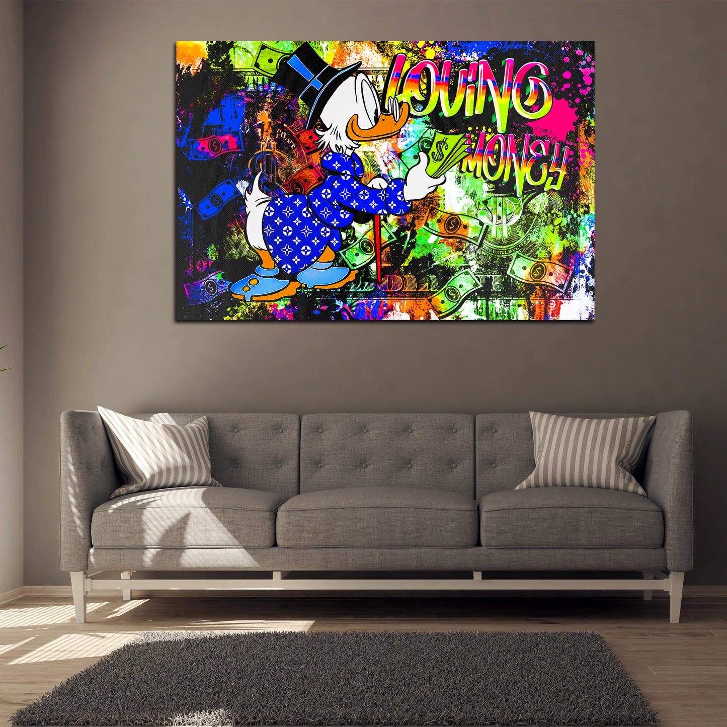 Rich Duck Loving Money, Comic Wandbild Kunstwerk