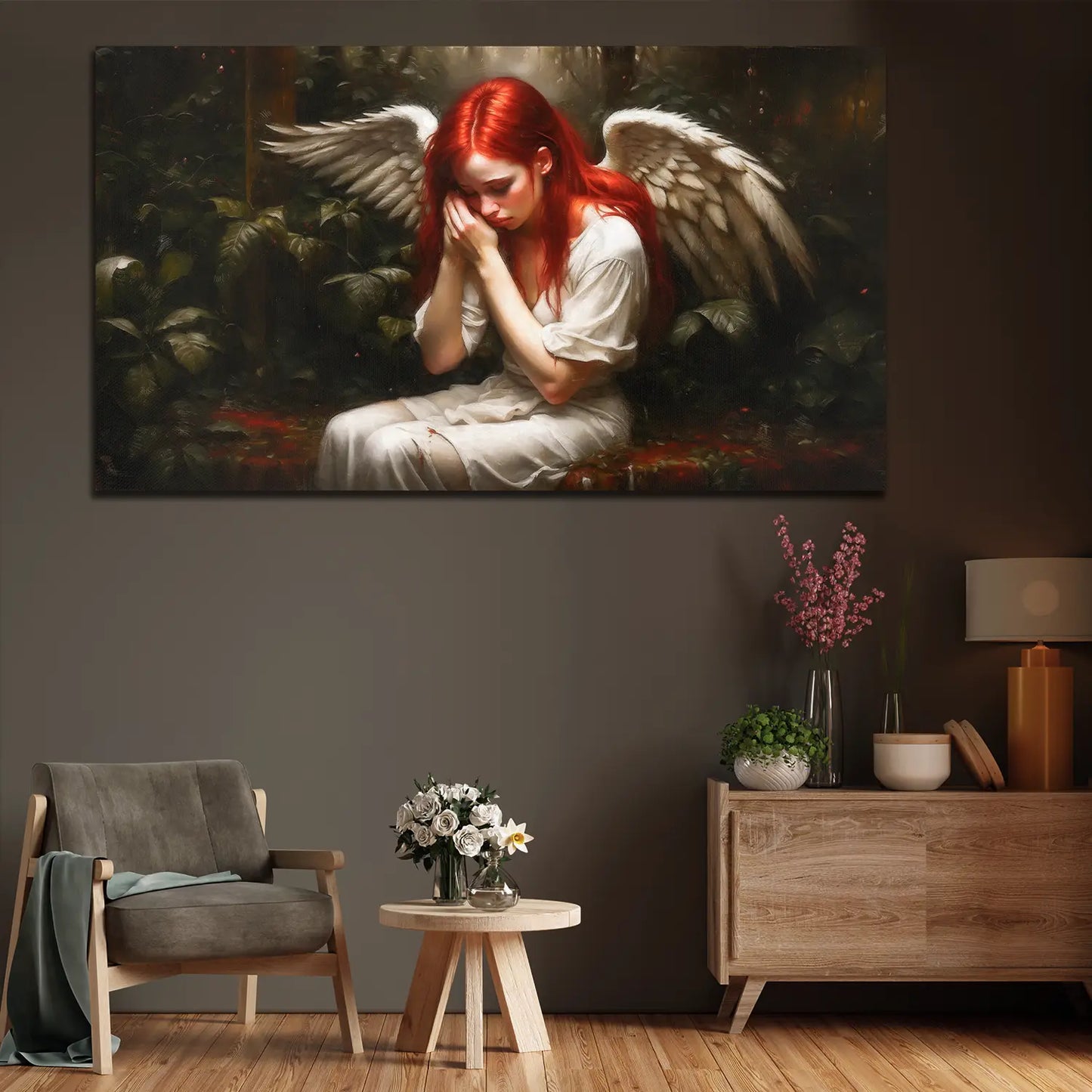 Frau mit roten Haaren und Engelsflügel Wandbild Kunstwerk
