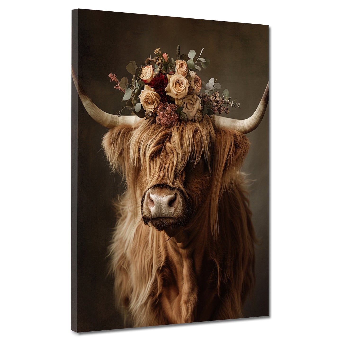 Wandbild Scottish Highlander Hochlandrind Blumen Natur Boho Stil modern