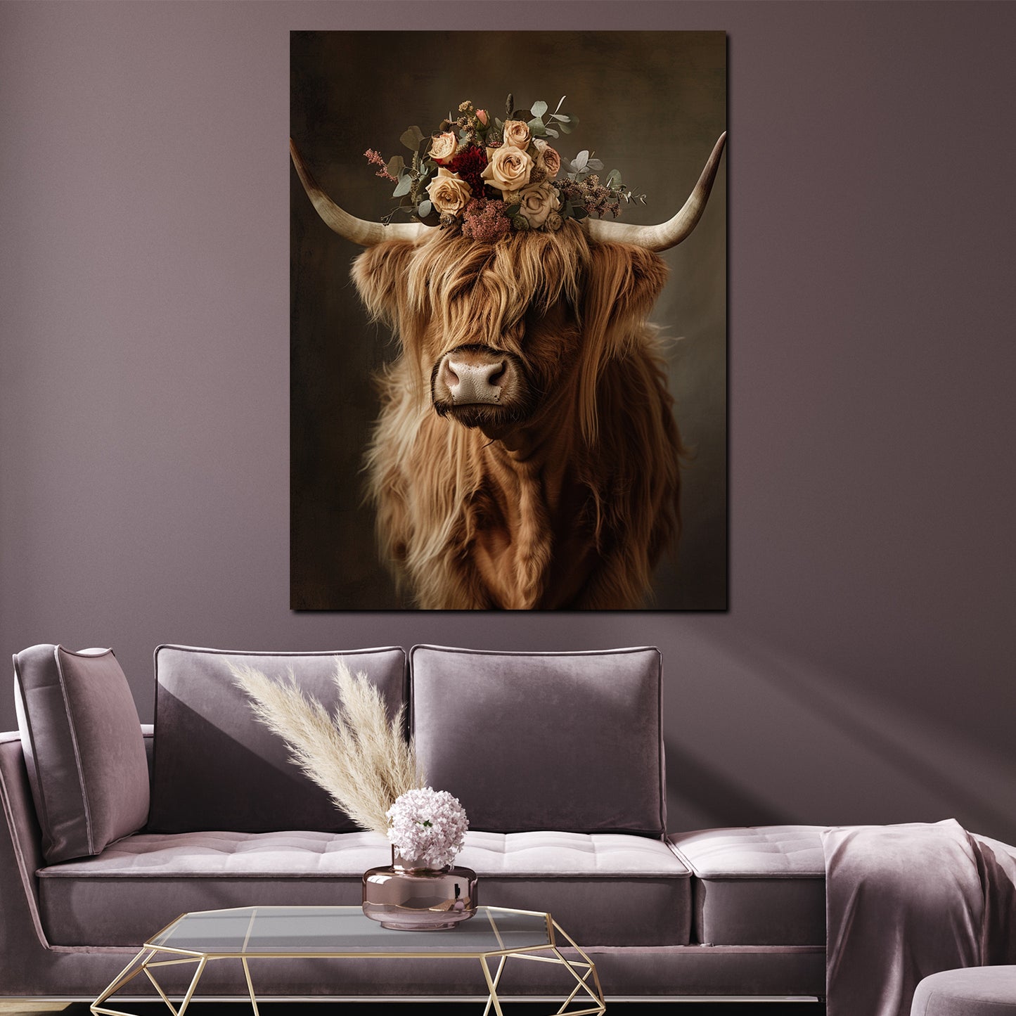 Wandbild Scottish Highlander Hochlandrind Blumen Natur Boho Stil modern