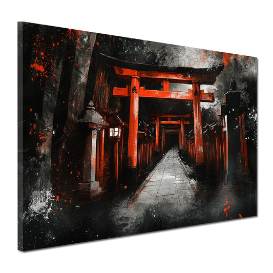 Wandbild Kunstwerk Japanischer Torii Weg rot schwarz mystisch