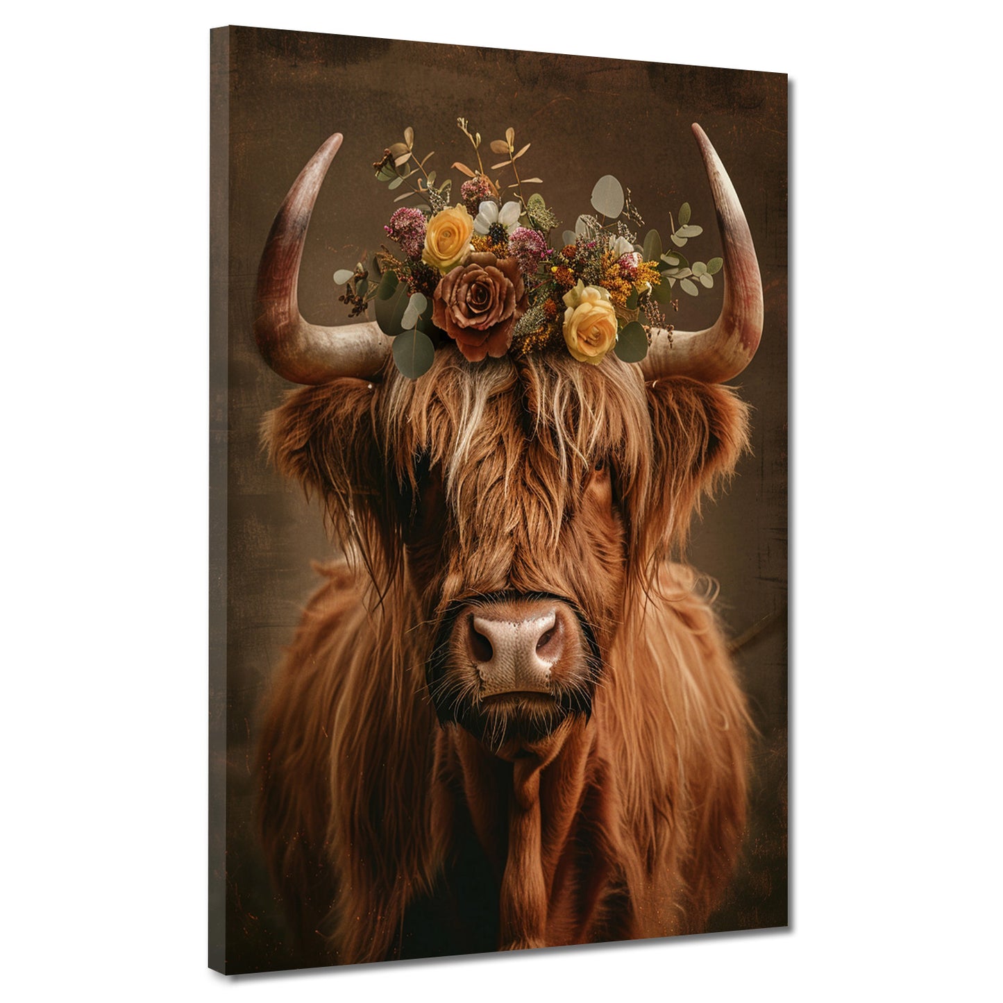 Wandbild Kunstwerk Stier floraler Kopfschmuck rustikal Vintage