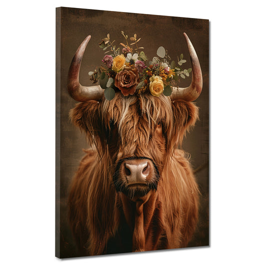 Wandbild Kunstwerk Stier floraler Kopfschmuck rustikal Vintage