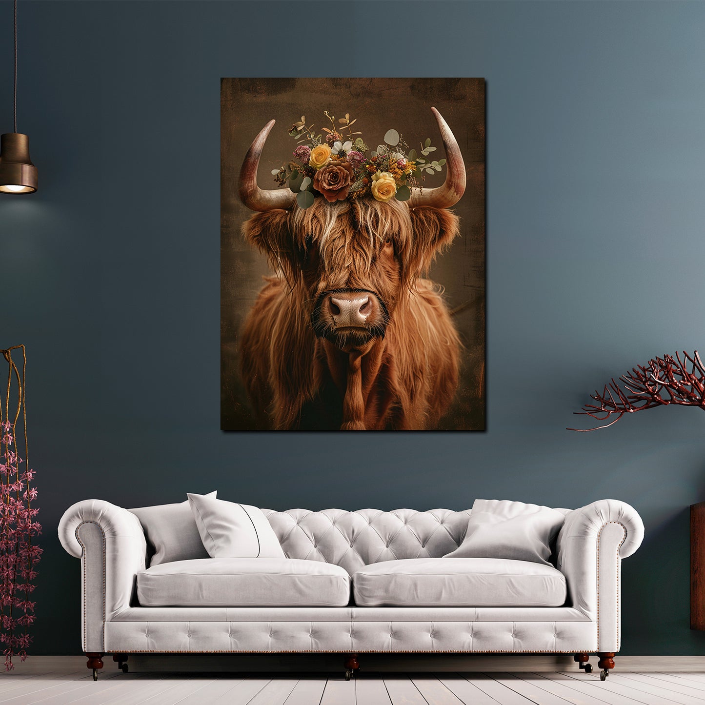 Wandbild Kunstwerk Stier floraler Kopfschmuck rustikal Vintage