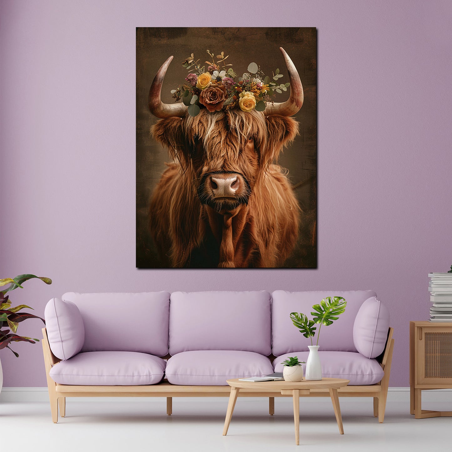 Wandbild Kunstwerk Stier floraler Kopfschmuck rustikal Vintage