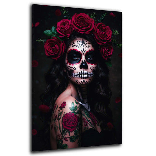 Wandbild Kunstwerk La Catrina mystische Frau mit Rosen modern