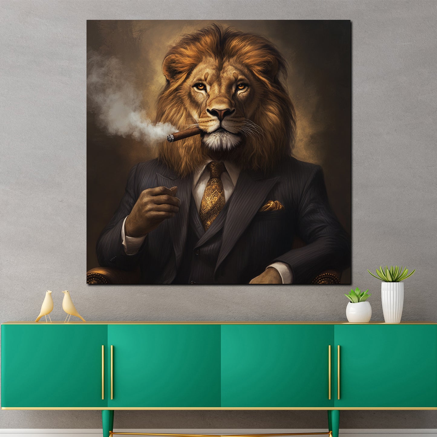 Wandbild Kunstwerk Löwe Gentleman Zigarre luxuriös Motivation