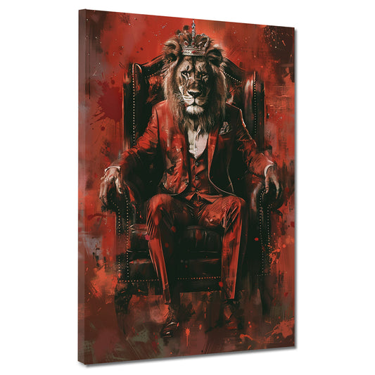 Wandbild Kunstwerk Löwe König im Anzug auf dem Thron Rot