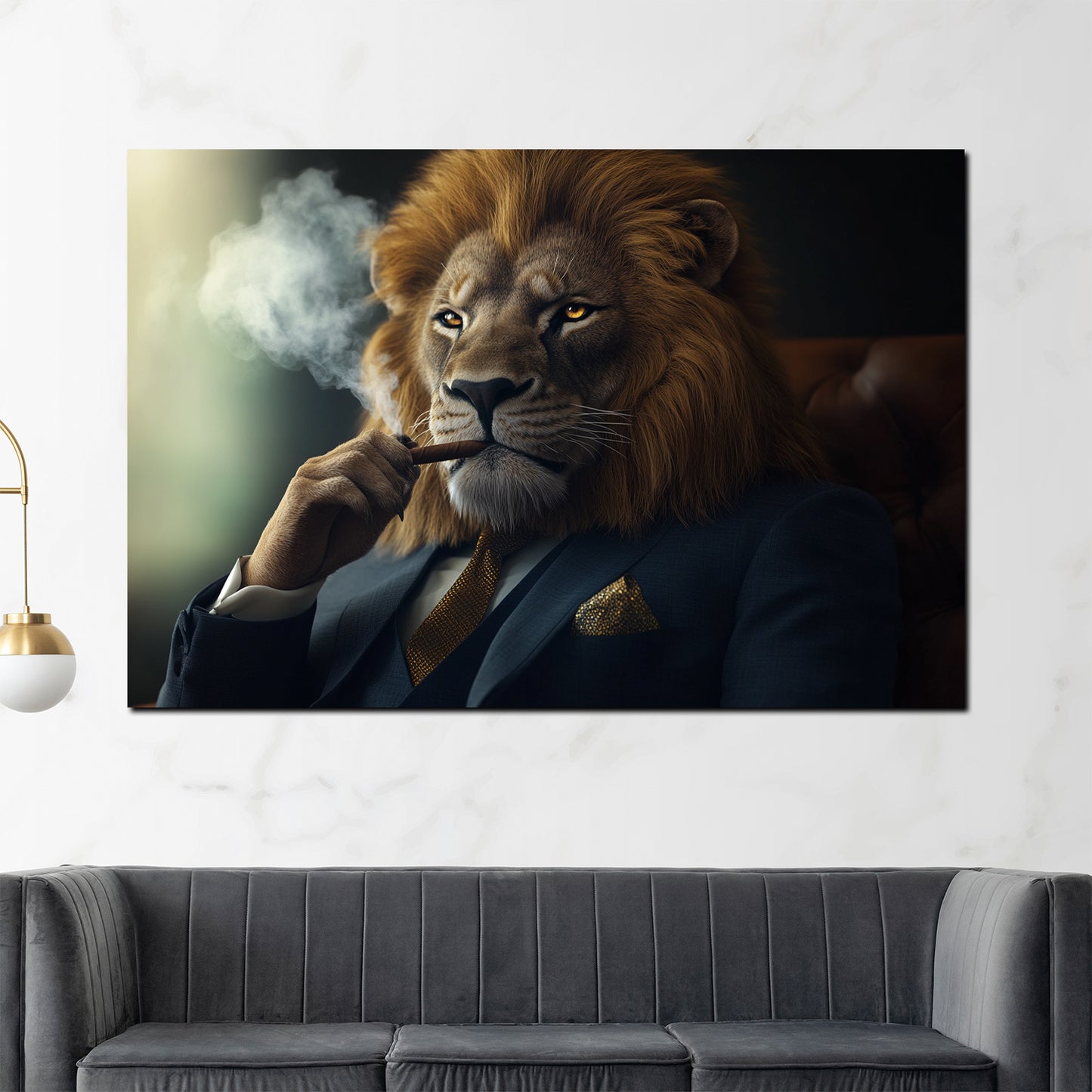 Wandbild Kunstwerk Löwe im Anzug mit Zigarre Motivation Luxus modern