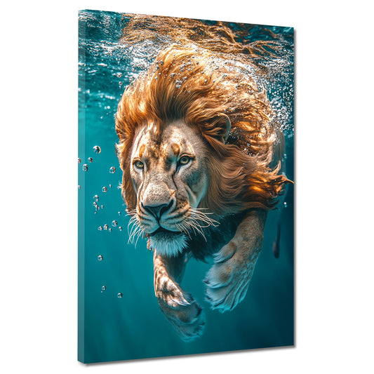 Wandbild Kunstwerk Löwe schwimmt fokussiert Tierwelt Natur