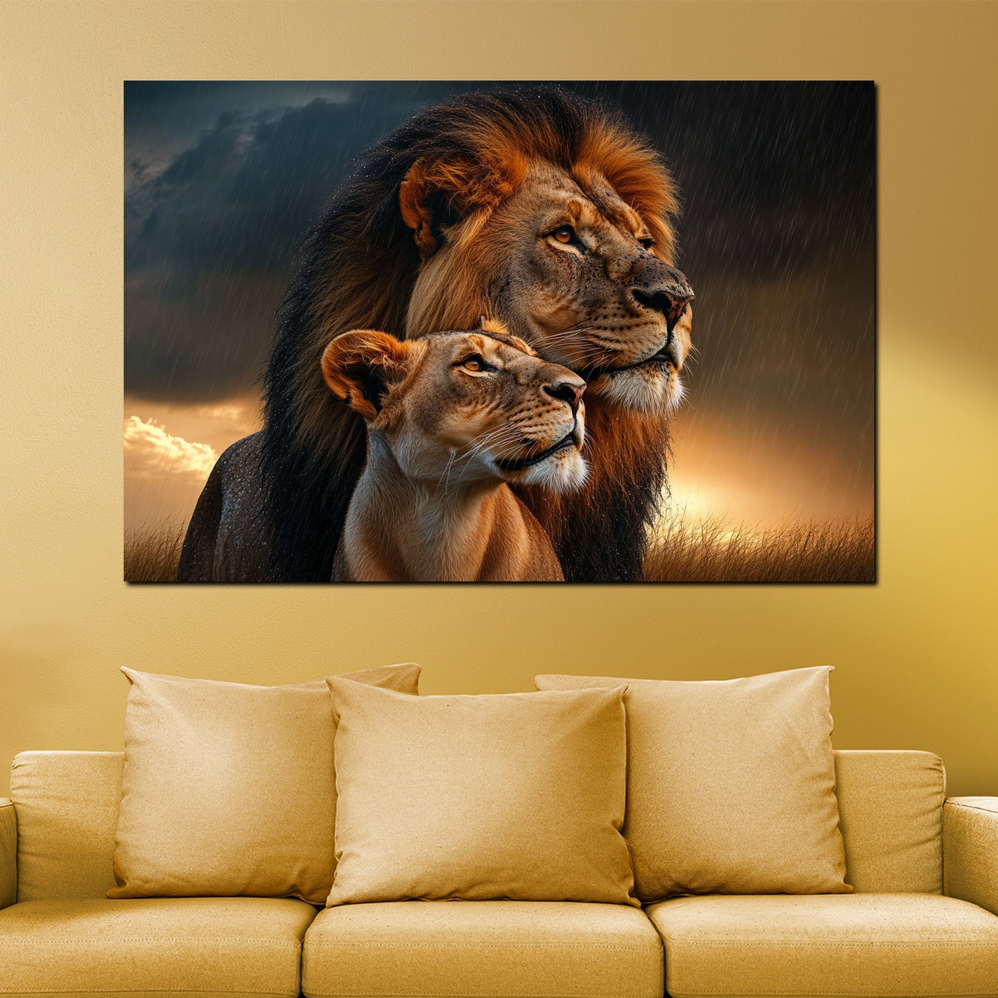 Löwe und Löwin kraftvoll beeindruckend Natur Wandbild Kunstwerk
