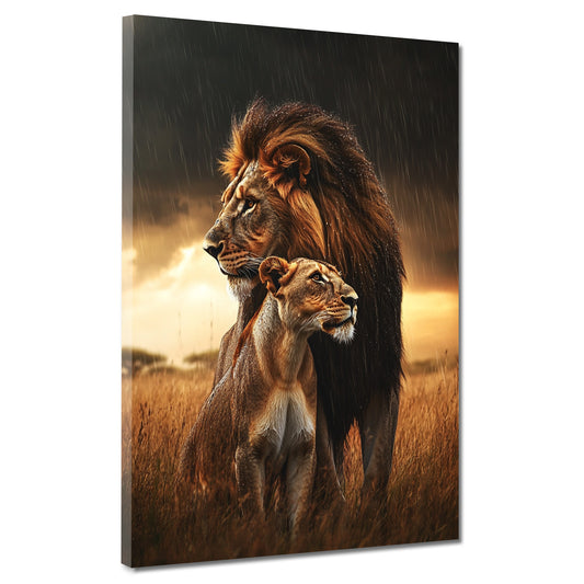 Löwe und Löwin kraftvoll beeindruckend Naturkulisse Wandbild Kunstwerk