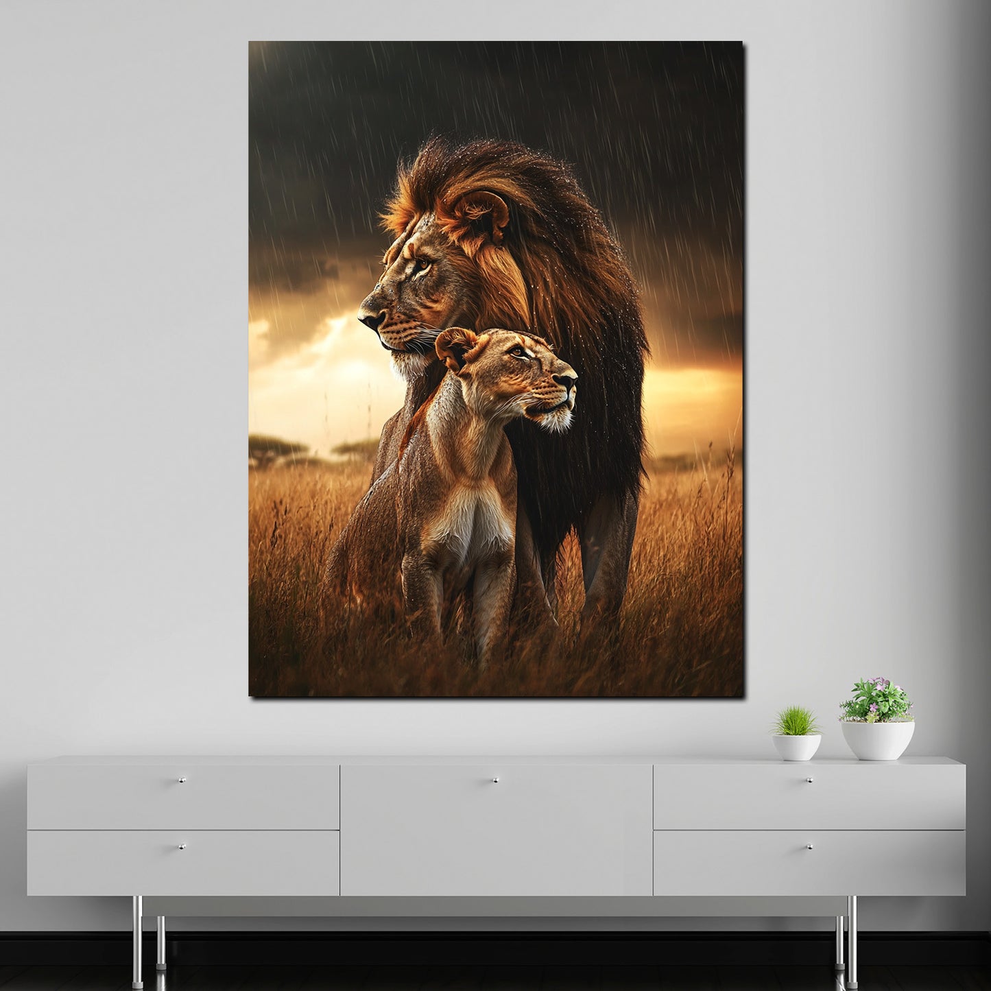 Löwe und Löwin kraftvoll beeindruckend Naturkulisse Wandbild Kunstwerk
