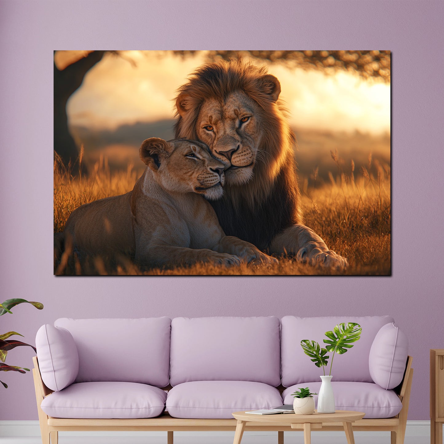 Löwe und Löwin zärtlich warmes Abendlicht Natur Wandbild Kunstwerk