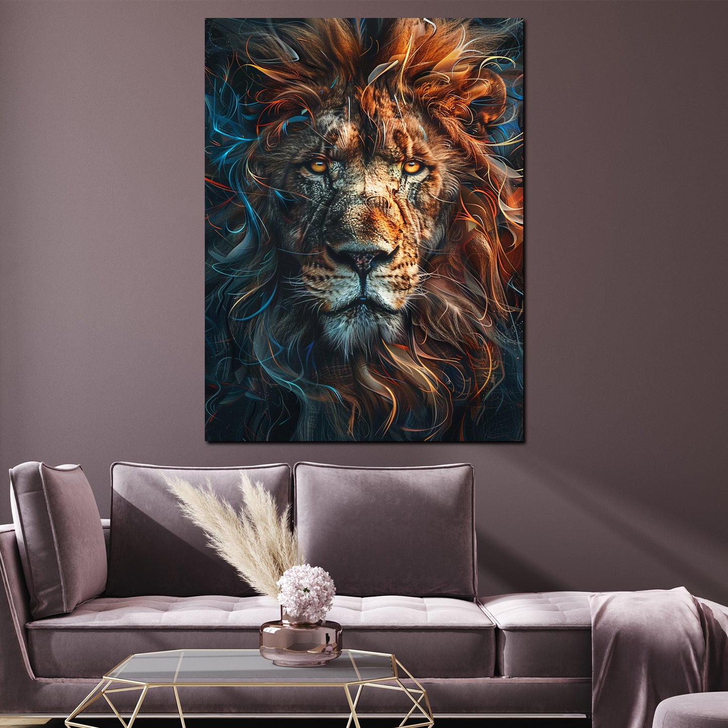 Löwenkopf farbenprächtig Dynamik Wildheit modern Wandbild Kunstwerk