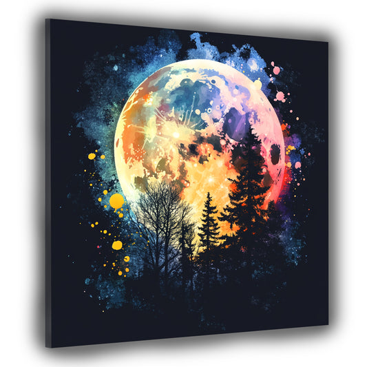 Wandbild Kunstwerk Mond über Wald Nacht Himmel