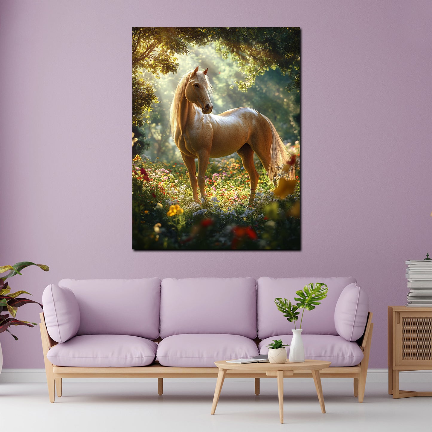 Pferd auf einer Blumenwiese Natur Harmonie Licht Wandbild Kunstwerk