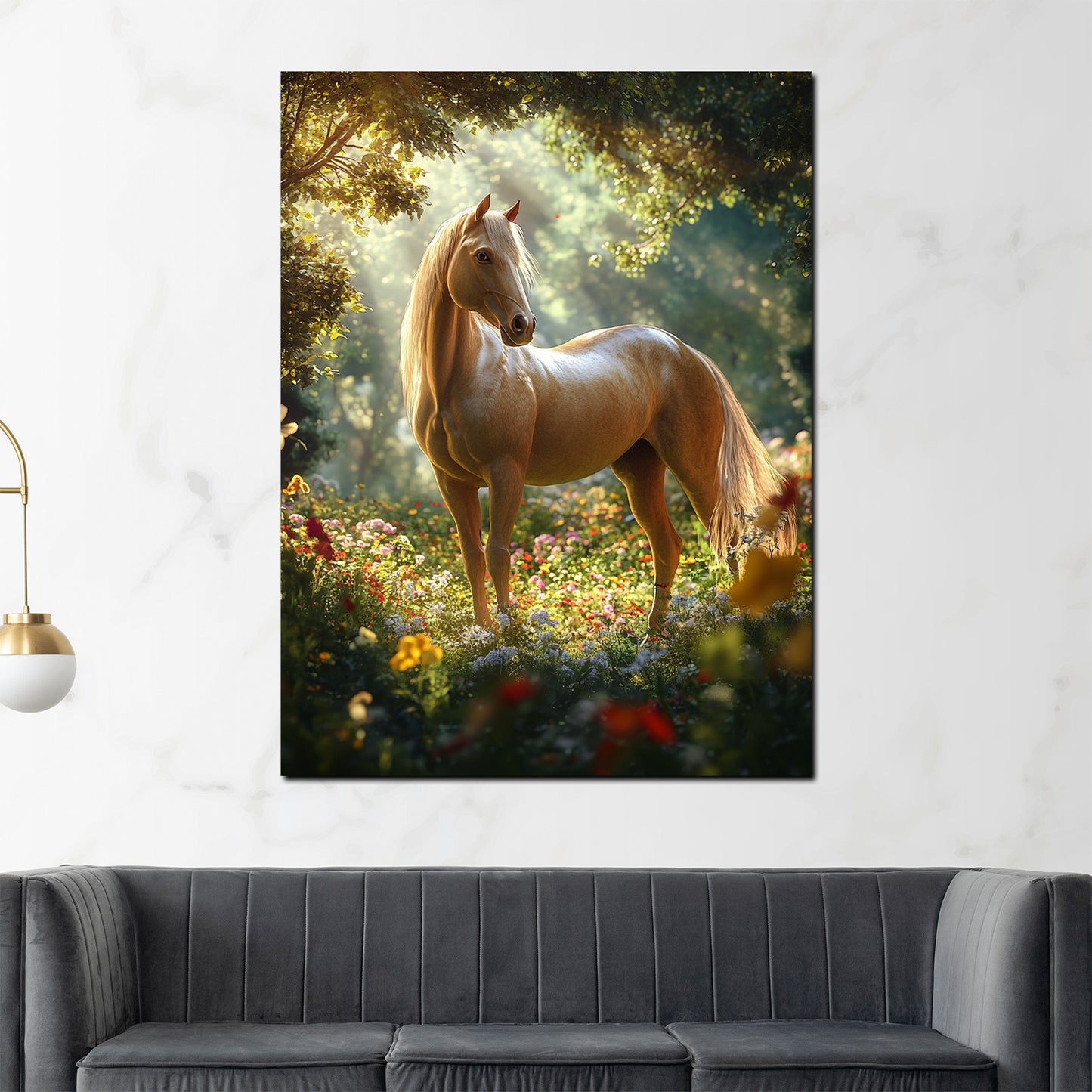 Pferd auf einer Blumenwiese Natur Harmonie Licht Wandbild Kunstwerk