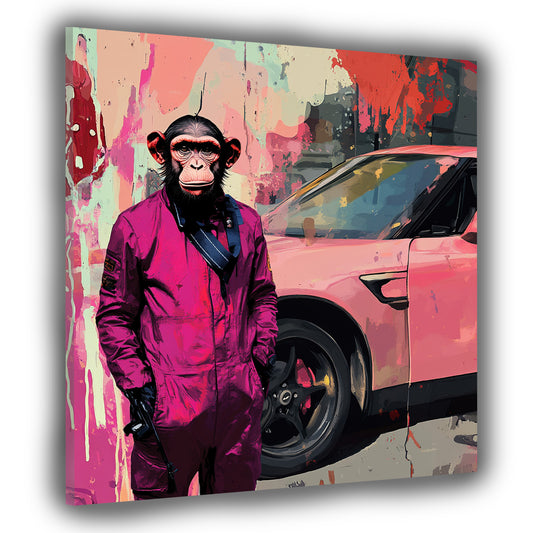 Wandbild Kunstwerk Pop Art Affe im Anzug vor Auto bunt