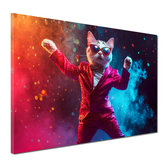 Wandbild Kunstwerk Pop Art Katze im Anzug Party Glitzer