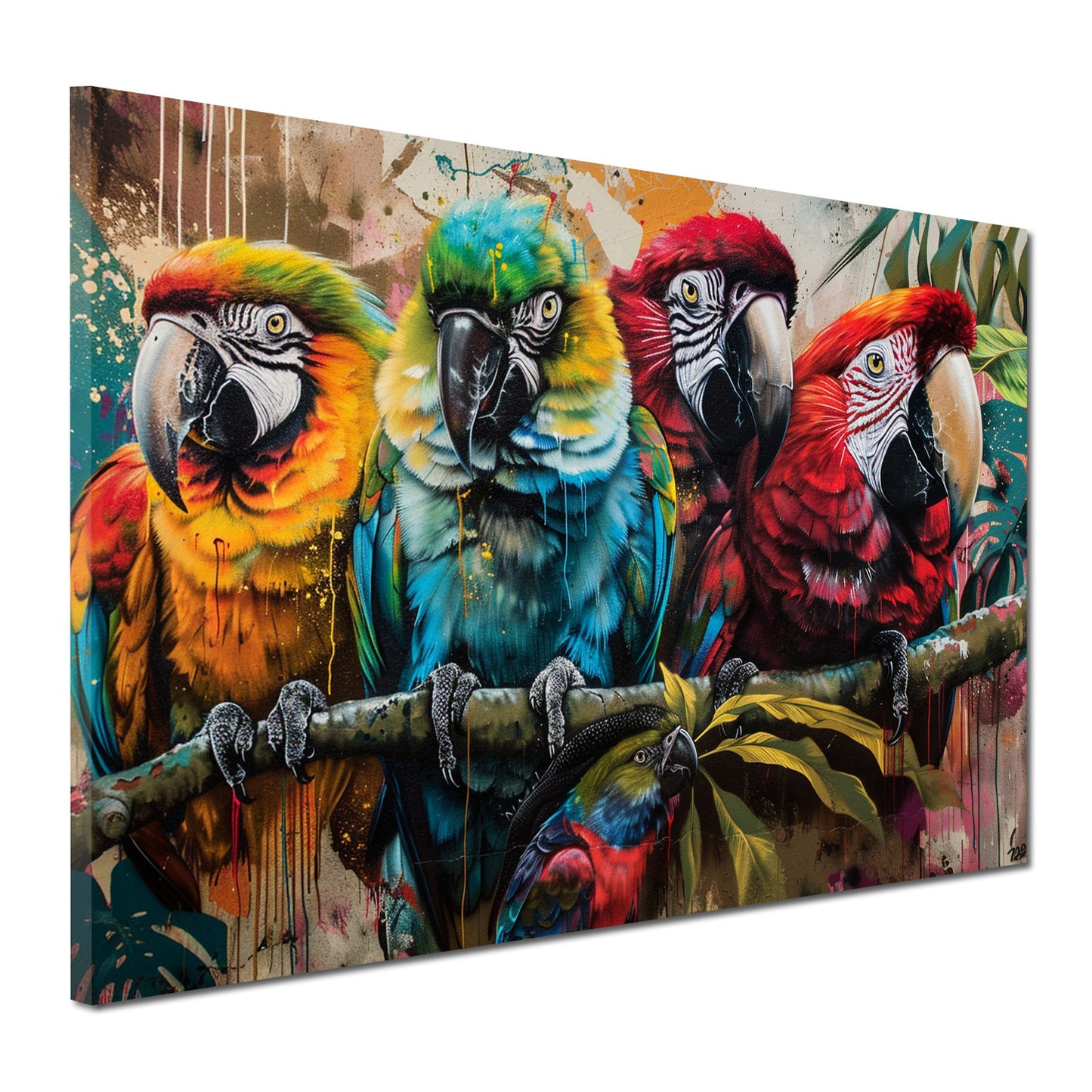 Wandbild Kunstwerk Pop Art Papageien farbenfroh auf Ast