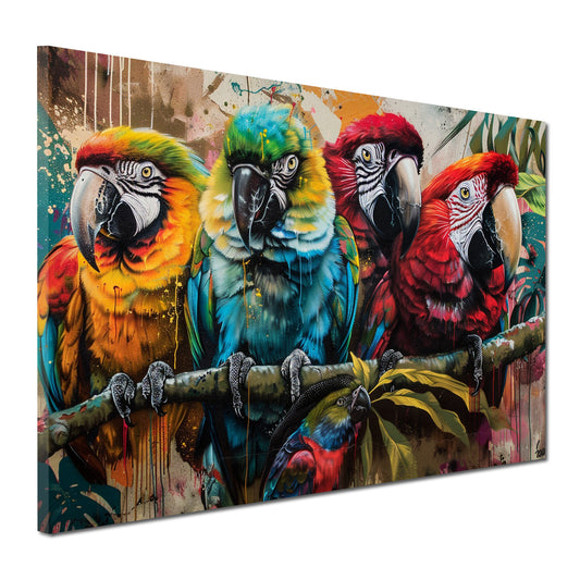 Wandbild Kunstwerk Pop Art Papageien farbenfroh auf Ast