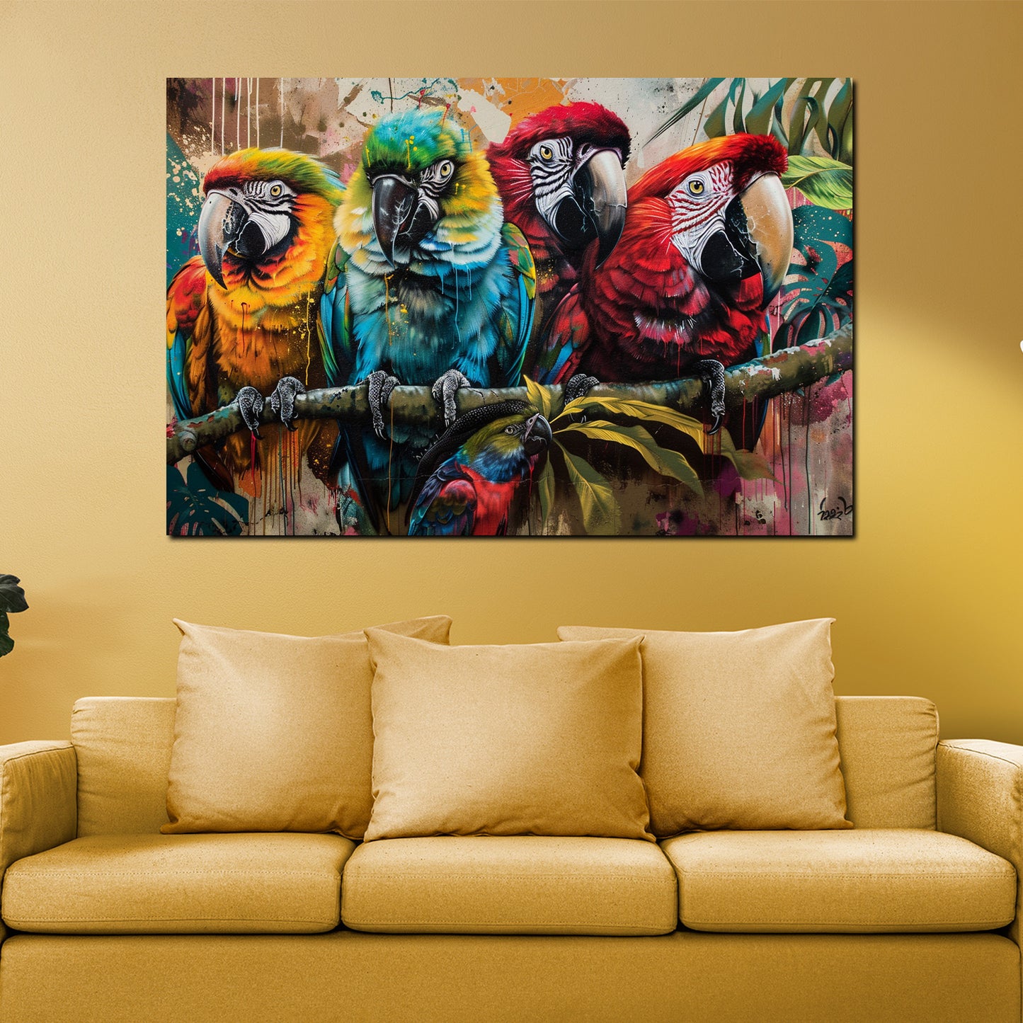 Wandbild Kunstwerk Pop Art Papageien farbenfroh auf Ast